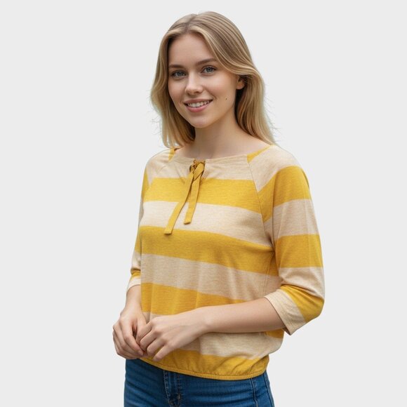 Ann Taylor Loft Top Womens Large Mustard Linen Keyhole Tie Neck Striped Workwear - Picture 1 of 12